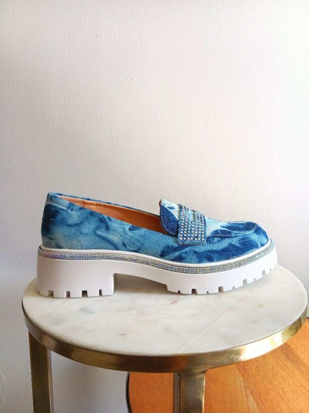 Cape Robbin Bandia Denim Platform Loafers Rhinestone Lug Sole Blue Tie Dye